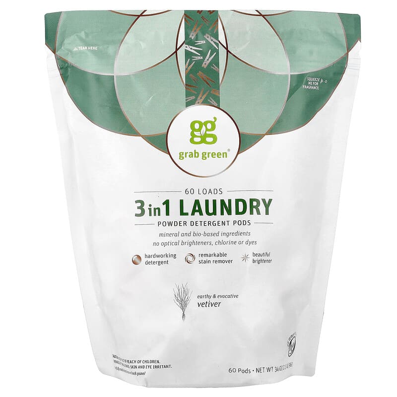 未開封 grab green 3in1 粉末洗剤 60回分2個　 ベチバー 3イン1洗濯洗剤パウダーポッド、ベチバー、60個、960g