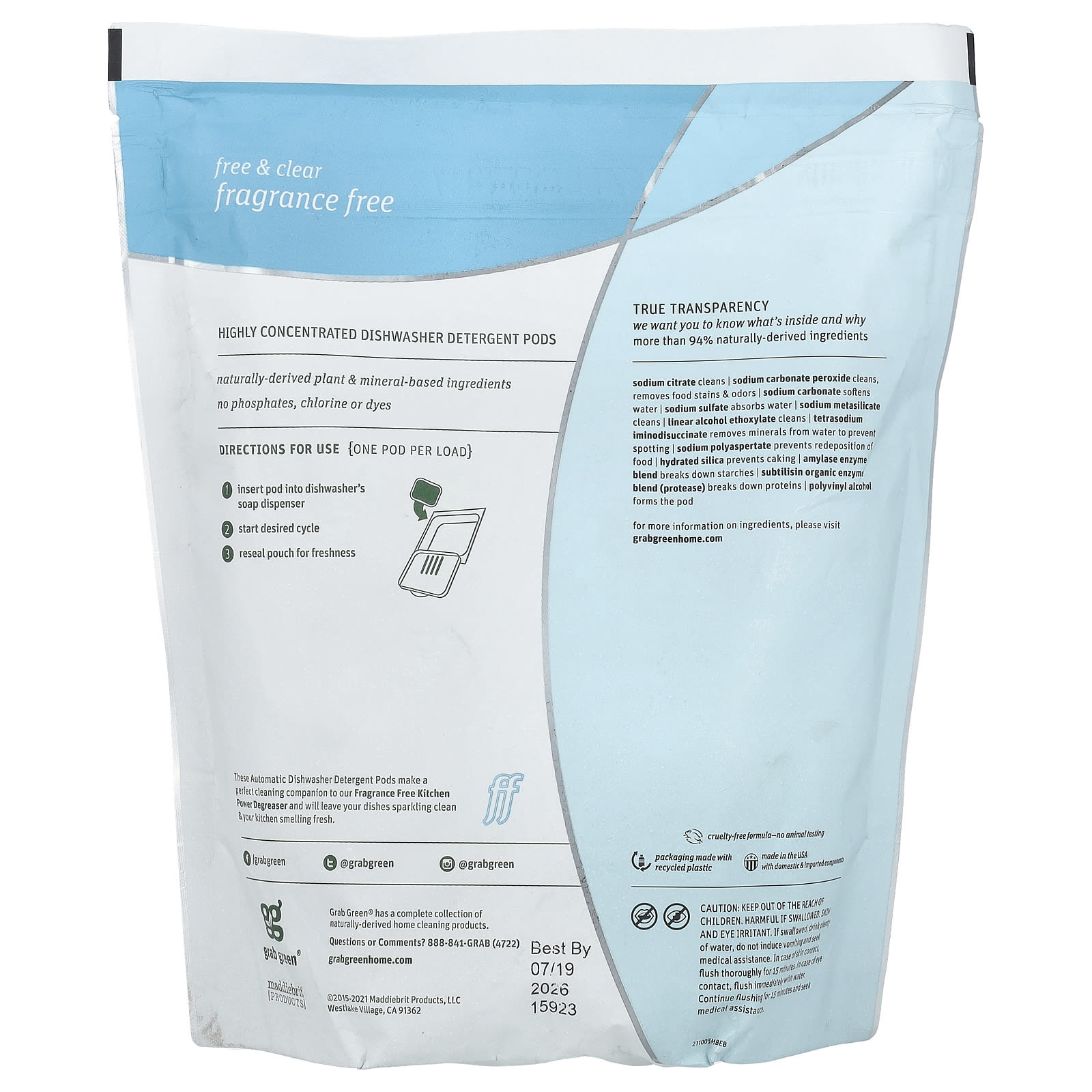 Grab Green, Automatic Dishwasher Powder Detergent Pods, Fragrance Free