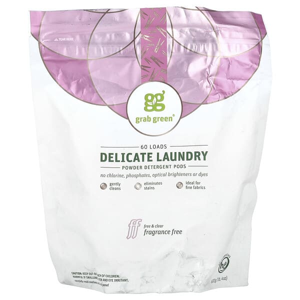 Grab Green, Пральний порошок для делікатного прання, без ароматизаторів, 60 завантажень, 1 фунт 4 унції (600 г)