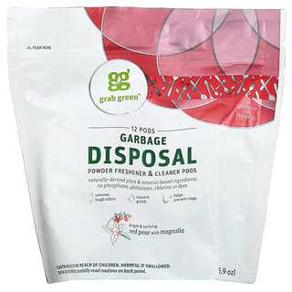Grab Green, Ambientador y limpiador para triturador de basura, pera roja con magnolia, 12 pastillas, 5,9 onzas (168)