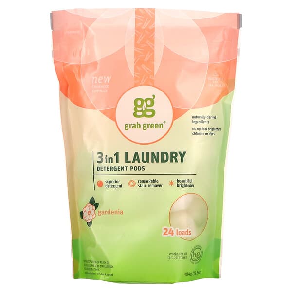 Grab Green, 3-in-1 Laundry Detergent Pods, Gardenia, 24 Loads, 15.2 oz (432 g)