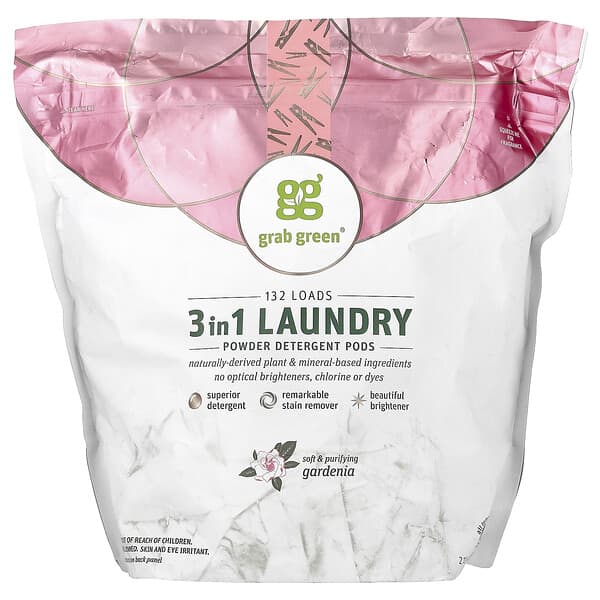 Grab Green, 3-in-1 분말형 세탁 세제 포드, 치자향, 132회분, 2.1kg(74.4oz)