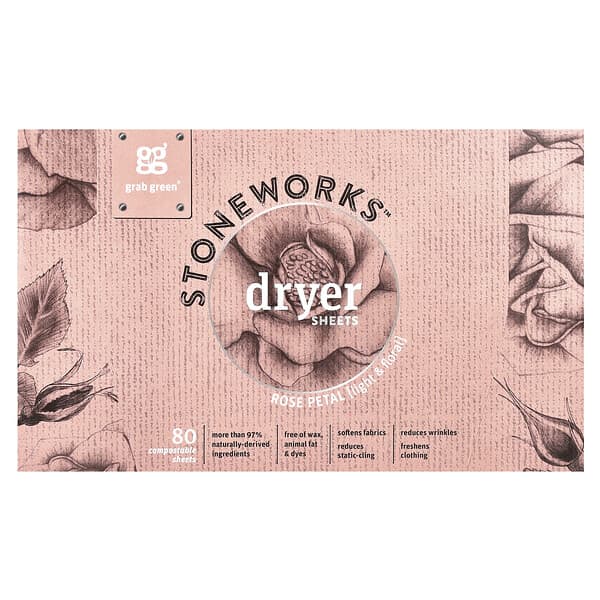 Grab Green, Stoneworks, 건조기용 드라이시트, 장미 꽃잎 향, 자연 분해 시트 80매