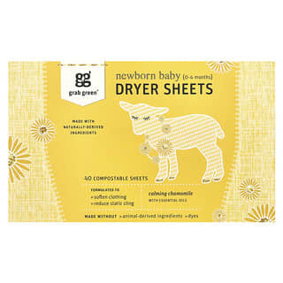 Grab Green, Newborn Baby Dryer Sheets, Trocknertücher für Neugeborene, 0–4 Monate, 40 kompostierbare Tücher