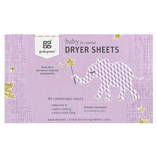 Grab Green, Baby Dryer Sheets, 5+ Months, Dreamy Rosewood with Essential Oils, 80 Compostable Sheets