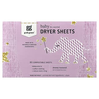 Grab Green, Baby Dryer Sheets, 5+ Months, Dreamy Rosewood with Essential Oils, 80 Compostable Sheets