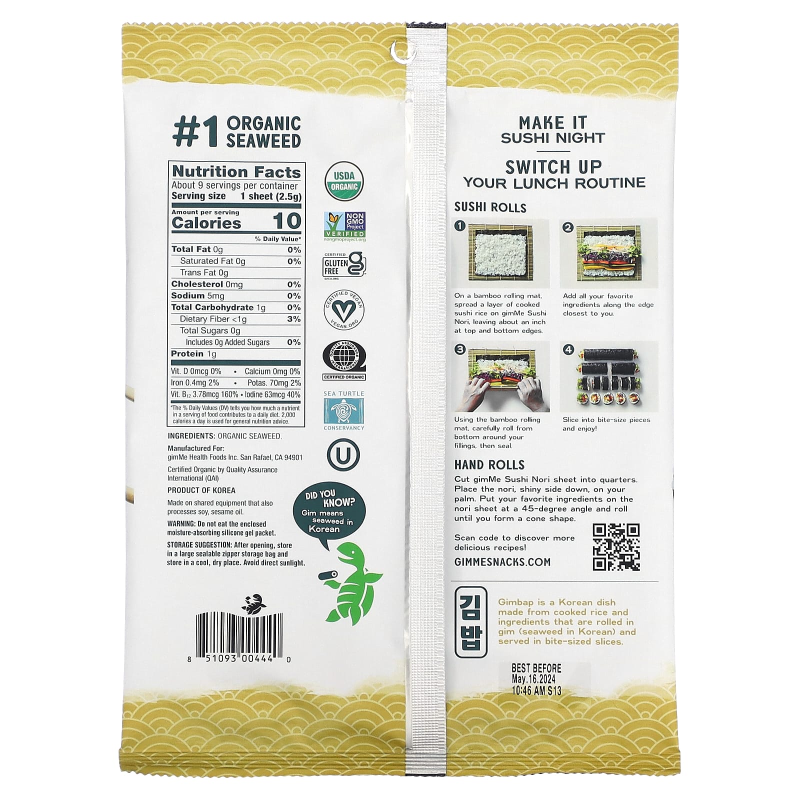 Gimme Seaweed Snacks, Sushi Nori Roasted, 4.76 Oz, Case of 4