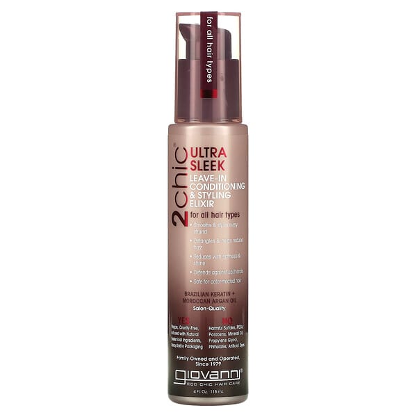 Giovanni, 2chic, Ultra Sleek Leave-In Conditioning & Styling Elixir, For All Hair Types, Brazilian Keratin + Moroccan Argan Oil, 4 fl oz (118 ml)