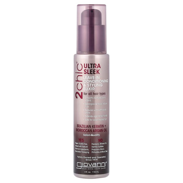 Giovanni, 2Chic，超順滑免洗護髮素和造型乳，適用於所有髮質，巴西角蛋白和摩洛哥堅果油，4 液量盎司（118 毫升）