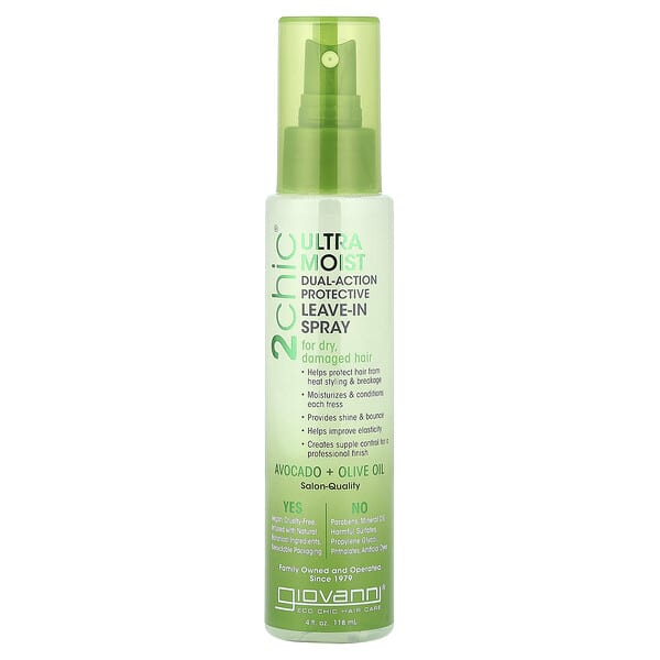 Giovanni, 2chic，超保濕雙效護髮免洗噴霧，鱷梨 + 橄欖油，4 液量盎司（118 毫升）