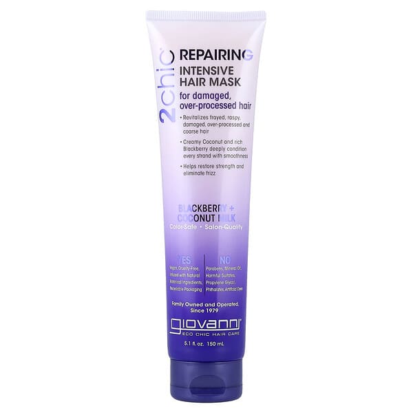 Giovanni, 2chic，修復，高級髮膜，適用於受損、過度處理的頭髮，黑莓 + 椰奶，5 液量盎司（150 毫升）