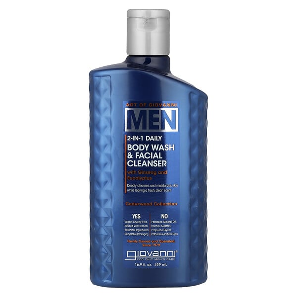 Giovanni, Art Of Giovanni, 남성용 2-in-1 바디 워시 & 페이셜 클렌저, 인삼 및 유칼립투스 함유, 499ml (16.9fl oz)