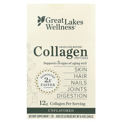 Great Lakes Wellness, Grass-Fed Bovine Collagen Peptides, Unflavoured, 20 Packs, 0.42 oz (12 g) Each