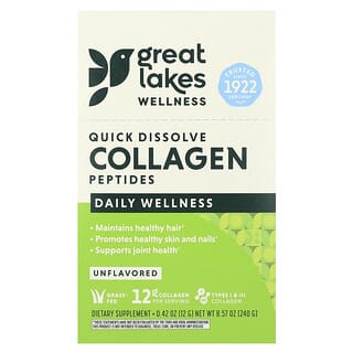 Great Lakes Wellness, Быстрорастворимые пептиды коллагена, без добавок, 20 пакетиков по 12 г (0,42 унции)