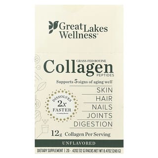 Great Lakes Wellness, Péptidos de colágeno, Bovinos alimentados con pasturas, Sin sabor, 20 paquetes, 12 g (0,42 oz) cada uno