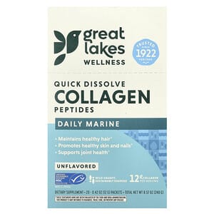 Great Lakes Wellness, Péptidos de colágeno de rápida disolución, Suplemento marino de uso diario, Sin sabor, 20 sobres, 12 g (0,42 oz) cada uno
