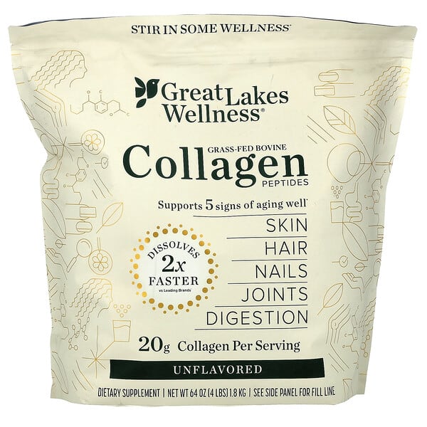 Great Lakes Wellness Grass-Fed Bovine Collagen Peptides, Unflavored, 64 oz (1.8 kg)