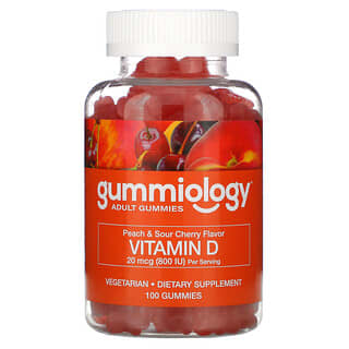 Gummiology, Vitamina D3 para Adultos, 20 mcg (800 UI), Sabores Pêssego e Cereja Azeda, 100 Gomas Vegetarianas