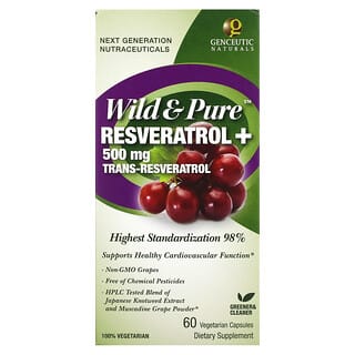 Genceutic Naturals, Wild & Pure, ресвератрол+, 500 мг, 60 вегетарианских капсул