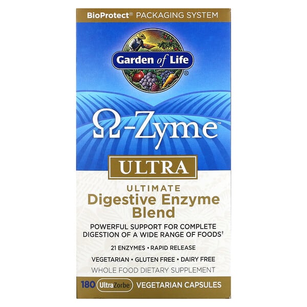 Garden of Life, Omega-Zyme, Ultra, Última Combinação Com Enzimas Para A Digestão, 180 Cápsulas Vegetarianas UltraZorbe