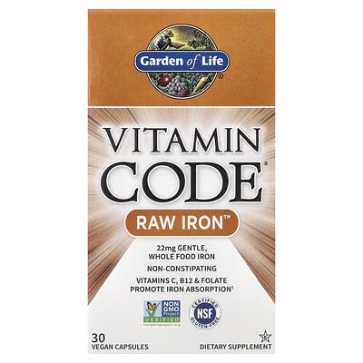 Garden of Life, Vitamin Code, Unprocessed Iron, 30 Vegan Capsules