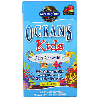 Garden of Life, مكمل Oceans Kids، DHA Chewables، من عمر 3 سنوات فأكثر، بنكهة التوت والليمون، 120 ملجم، 120 كبسولة هلامية قابلة للمضغ