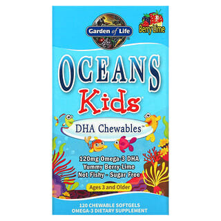 Garden of Life, Oceans Kids，DHA 咀嚼片，3 岁及以上，浆果酸橙味，120 微克，120 粒咀嚼软凝胶