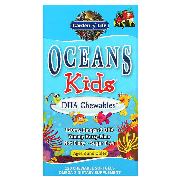 Garden of Life, Oceans para niños, Comprimidos masticables con DHA, Niños de 3 años en adelante, Lima y bayas, 120 mg, 120 cápsulas blandas masticables