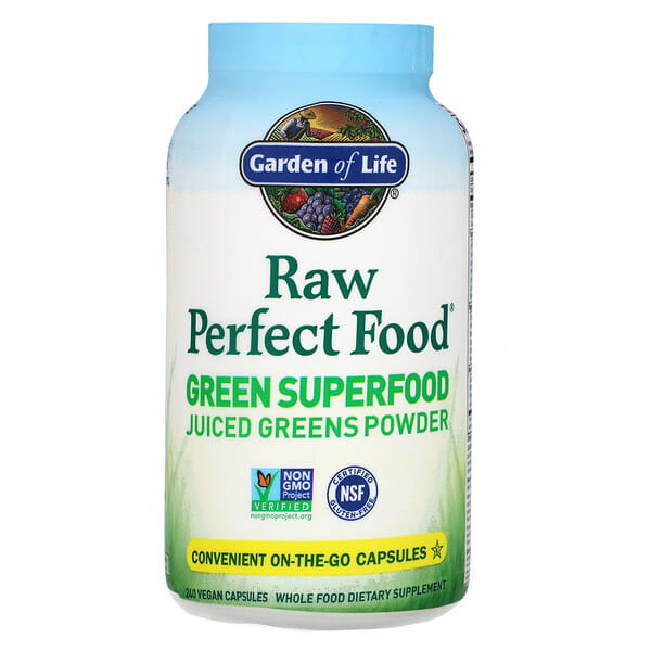 Garden of Life, Raw Perfect Food、Green Superfood、Juiced Greens Powder、240ビーガンキャップ