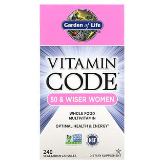 Garden of Life, Vitamin Code، فيتامينات متعددة من الأغذية الكاملة للنساء البالغات من العمر 50 عامًا فأكثر، 240 كبسولة نباتية.