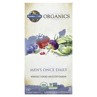 Garden of Life, Organics, Suplemento multivitamínico a base de alimentos integrales de una ingesta diaria para hombres, 60 comprimidos veganos