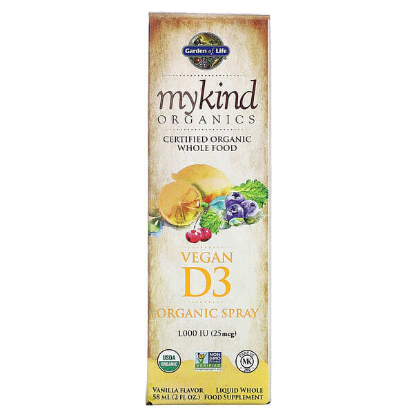 Garden of Life‏, MyKind Organics, ‏תרסיס D3 אורגני טבעוני, 25 מק"ג (1,000 יחב״ל), 58 מ"ל (2 אונקיות נוזל)