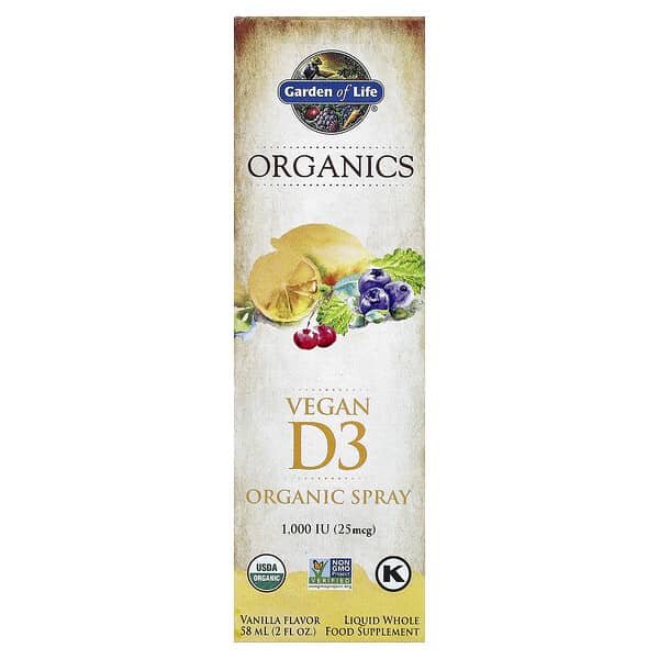 Garden of Life, MyKind Organics 系列全素食維生素 D3 有機噴霧，香草味，25 微克 (1000 國際單位)，2 液量盎司（58 毫升）