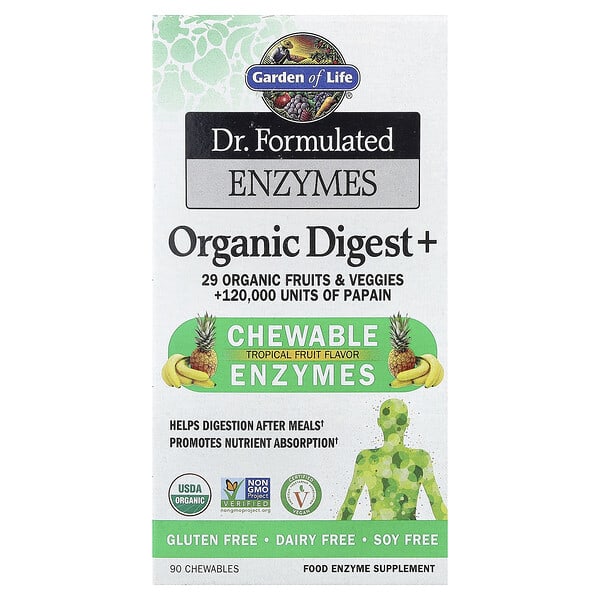Garden of Life, Dr. Formulated Enzymes, Organic Digest+, Tropical Fruit, 90 Chewables