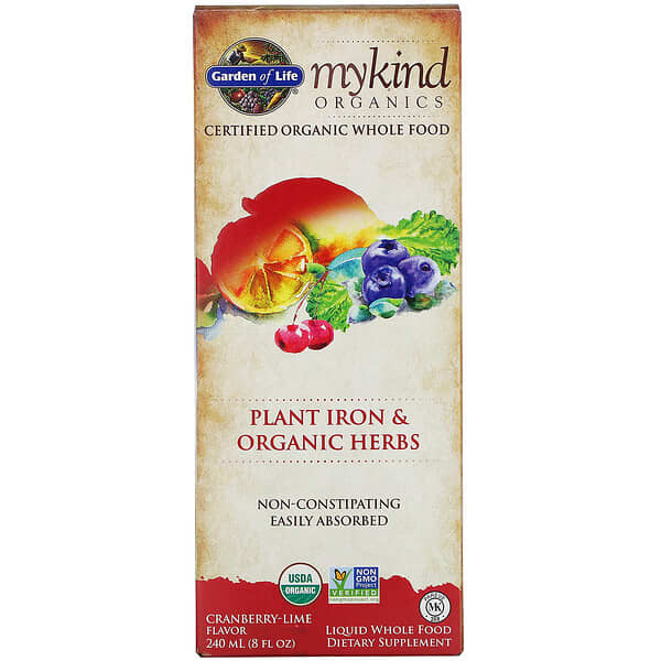 Garden of Life, Mykind オーガニック、 Plant 鉄 & オーガニックハーブ、 クランベリー-ライム、 8 fl oz (240 ml)