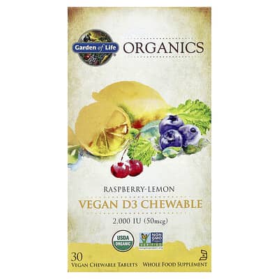 Garden of Life, Organics, Vegan D3 Chewable, Raspberry-Lemon, 50 mcg (2,000 IU), 30 Vegan Chewable Tablets