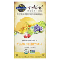 Garden of Life, Mykind Organics（マンカインドオーガニックス）、ビーガンD3、ラズベリーレモン、2,000 IU、植物性チュアブルタブレット30粒