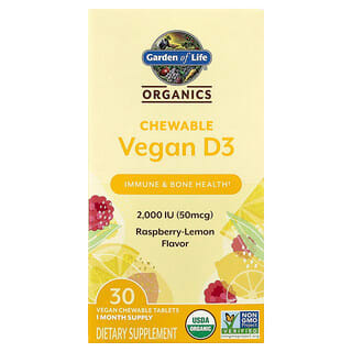 Garden of Life, Organics, Vegan D3 Chewable, Raspberry-Lemon, 30 Vegan Chewable Tablets