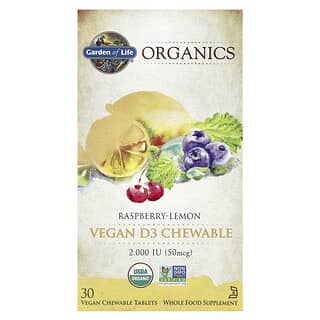 Garden of Life, Organics, Vitamina D3 vegana, Frambuesa y limón, 50 mcg (2000 UI), 30 comprimidos masticables veganos