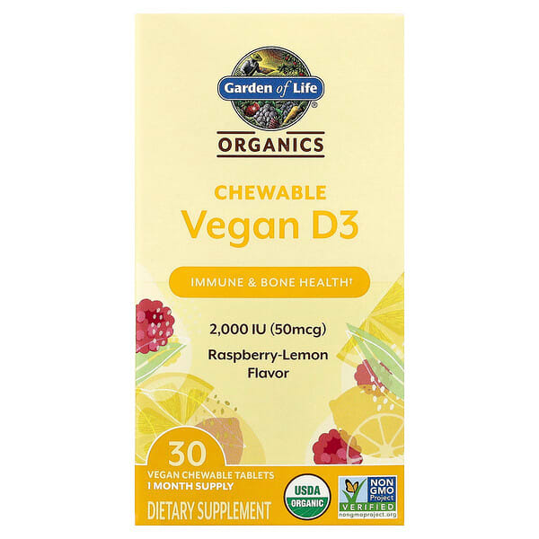 Garden of Life, Organics, Vegan D3 Chewable, Raspberry-Lemon, 30 Vegan Chewable Tablets — product photo 1