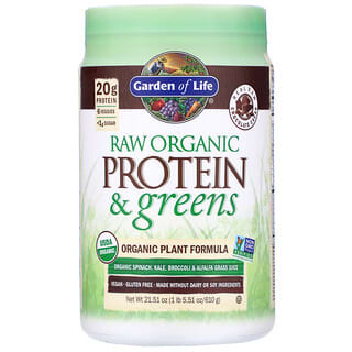 Garden of Life, Raw Protein &amp; Greens, Fórmula Vegetal Orgânica, Cacau Real Cru com Chocolate, 611 g (1,4 lb)