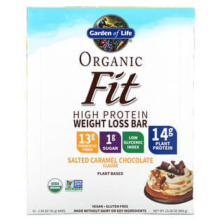 Garden of Life, Organic Fit, батончик для схуднення з високим вмістом білка, шоколад із солоною карамеллю, 12 батончиків, 1,94 унції (55 г) кожен