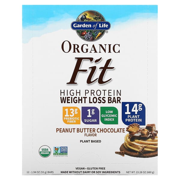 Garden of Life, Organic Fit, High Protein Weight Loss Bar, Peanut Butter Chocolate, 12 Bars, 1.94 oz (55 g) Each