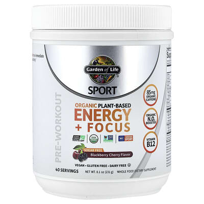 Garden of Life, Sports, Organic Plant-Based Energy + Focus Formula, Blackberry Cherry, 8.1 oz (231 g)