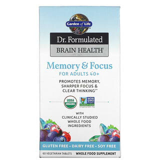 Garden of Life, Dr. Formulated Brain Health, Memória e Concentração Para Adultos Acima dos 40 Anos, 60 Comprimidos de Origem Vegetal