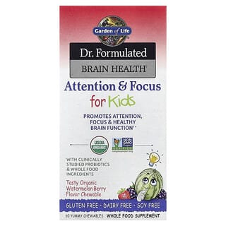 Garden of Life, Dr. Formulated, Santé cérébrale, Attention et concentration des enfants, Pastèque et baies biologiques, 60 délicieux comprimés à croquer