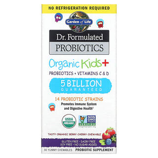 Garden of Life, Dr. Formulated Probiotics, Organic Kids +, пробіотики для дітей, органічний смак «Вишня та ягоди», 30 жувальних таблеток