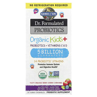 Garden of Life, Dr. Formated Probiotics, Organic Kids +, вкусные органические ягоды и вишня, 30 вкусных жевательных таблеток