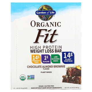 Garden of Life, Organic Fit, Barra Para Perda de Peso com Alto Teor de Proteínas, Brownie de Amêndoa de Chocolate, 12 Barras, 55 g (1,9 oz) Cada