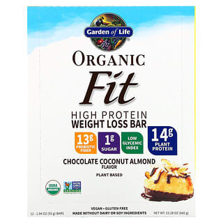 Garden of Life, Organic Fit，高蛋白輕體棒，巧克力椰子杏仁味，12 根，每根 1.94 盎司（55 克）